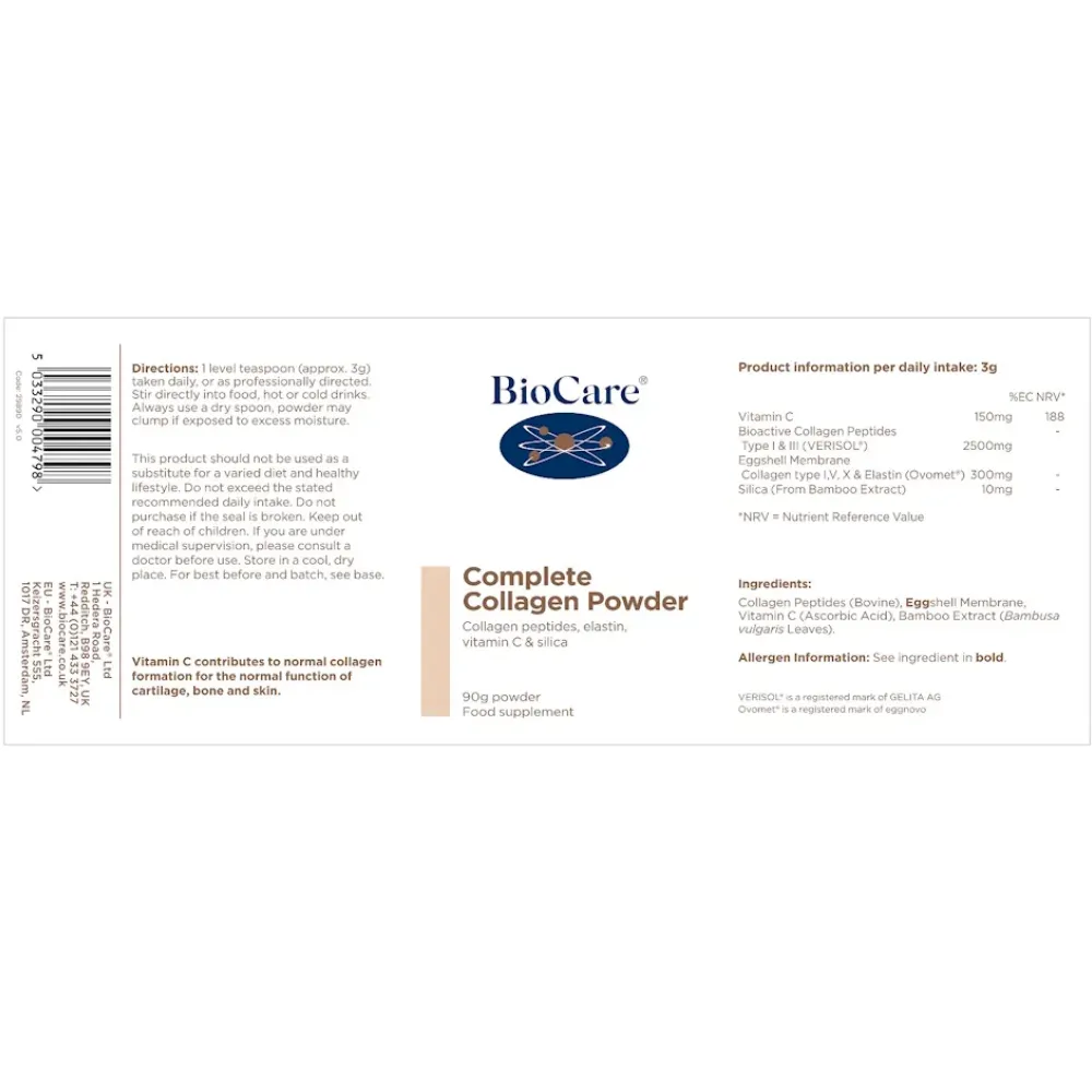 Biocare Complete Collagen Powder 90g Label