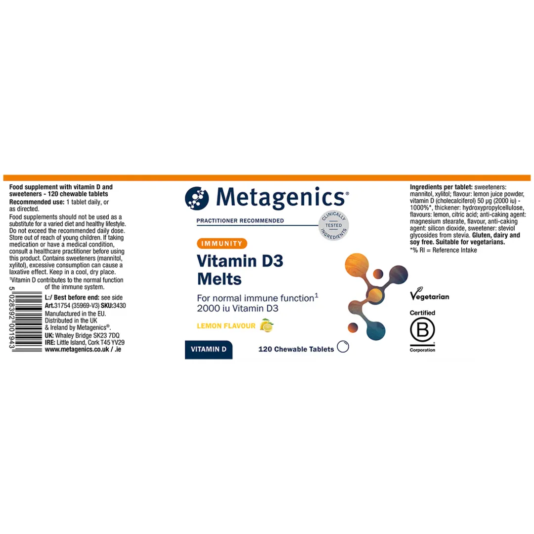 Metagenics Vitamin D3 Melts 120 Tablets Label