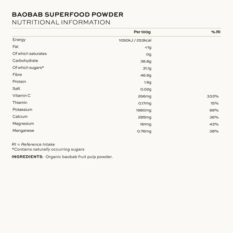 Aduna Superfoods Baobab Superfruit Powder 80g Nutritional information